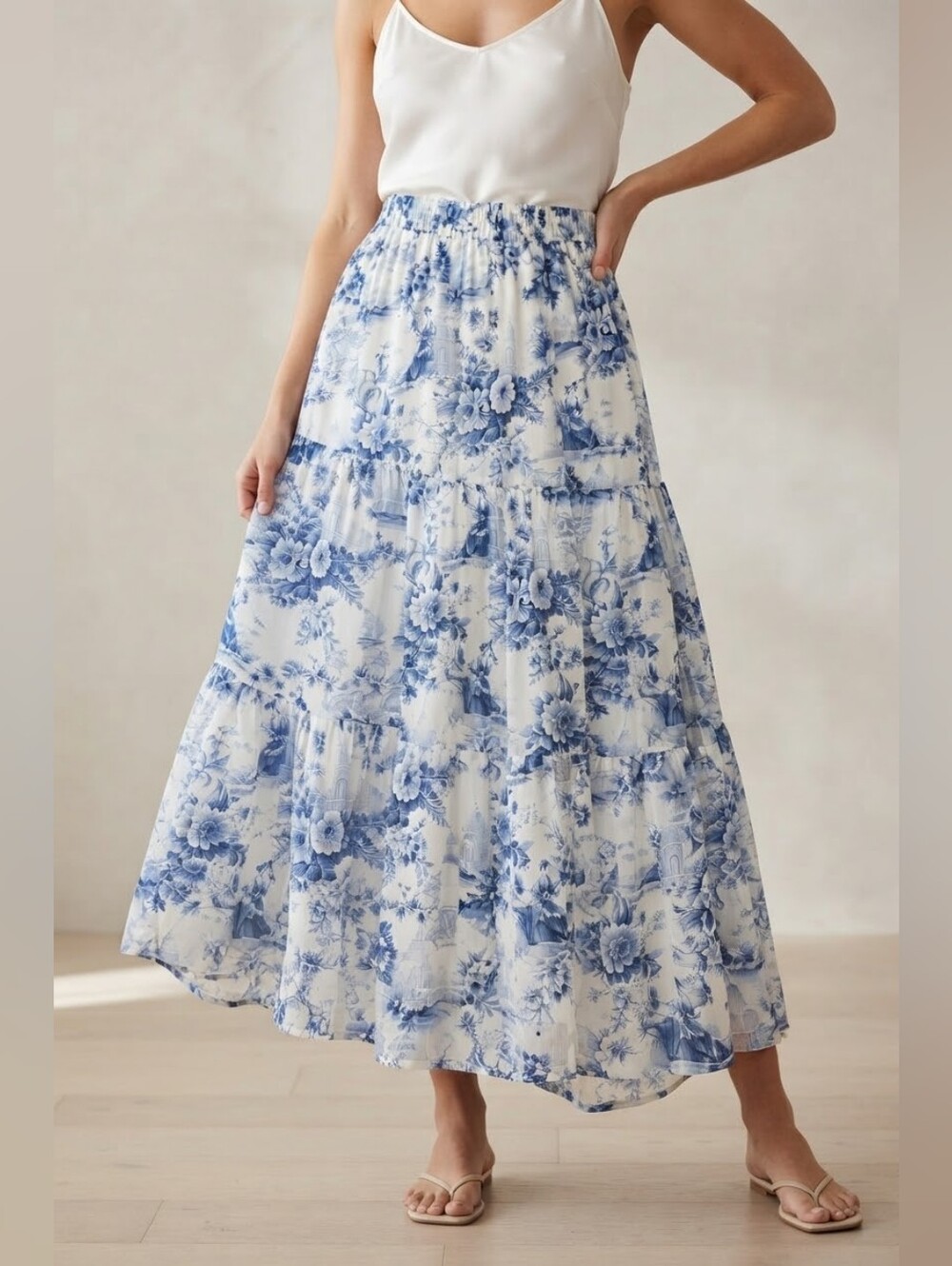 Hope & Blair London Blue & White Floral Toile Tiered Maxi Skirt Size 2